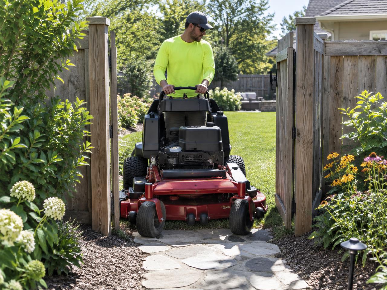 Stand-on mower fitting through a narrow garden gate